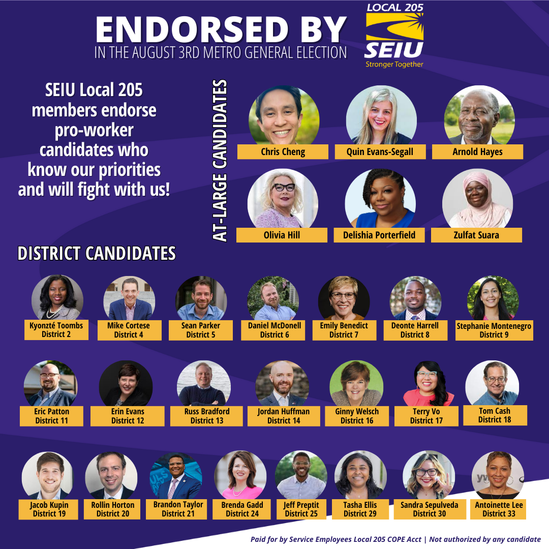 SEIU Local 205 Endorses 6 AtLarge and 22 District Candidates in Metro